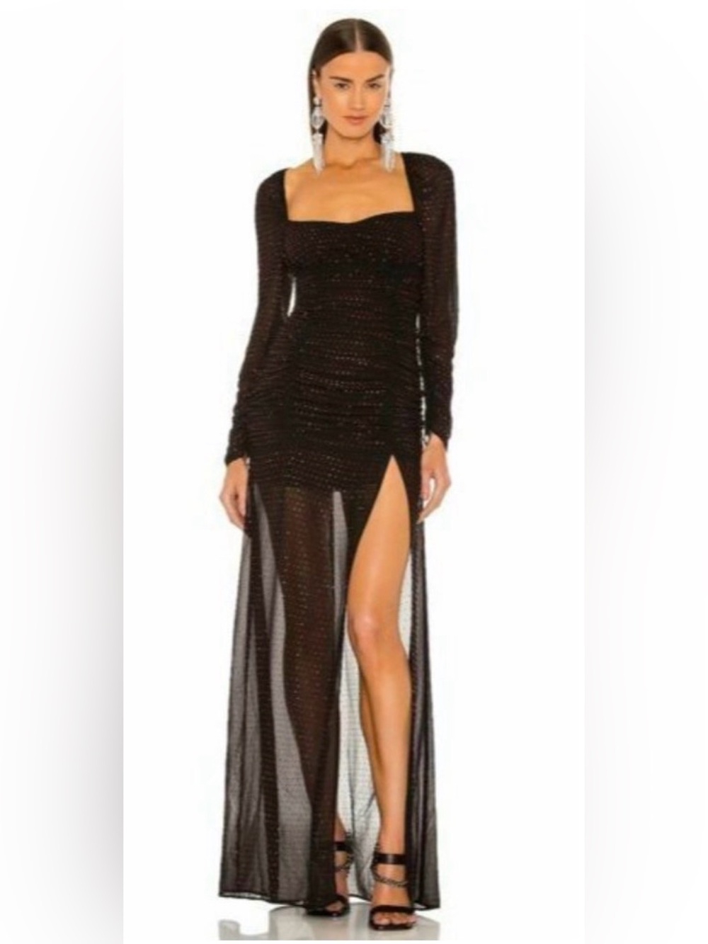 NEW DUNDAS X REVOLVE Stardust Rhinestone Black Semi Sheer Maxi Dress Size S